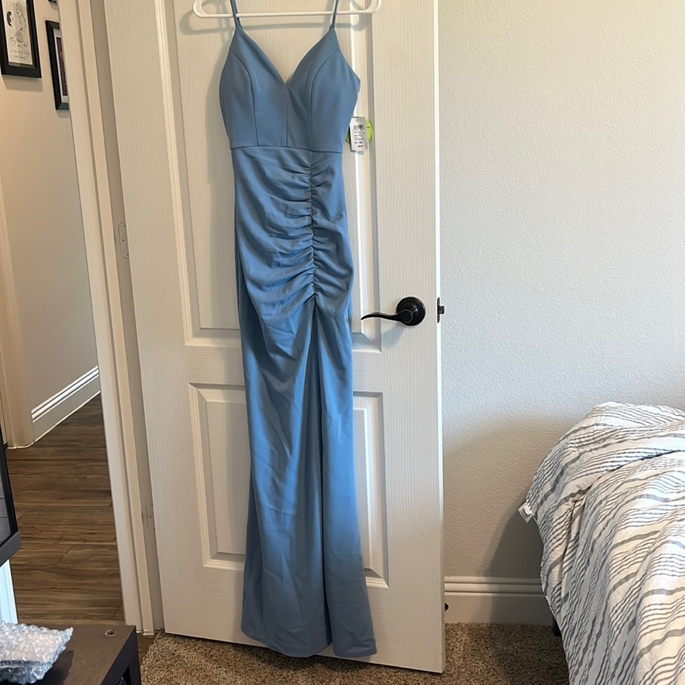 Blue Satin Long Dress with Cut by Windsor